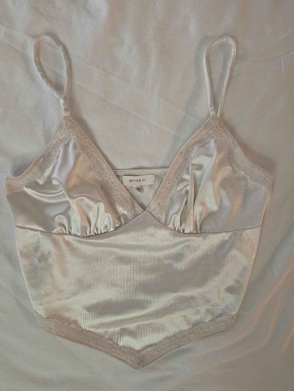 Better Be "Casino" Satin Lace V-Neck Crop Top Medium Cream Going Out Boutique